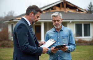 A family holding paperwork and discussing life insurance options together at home.